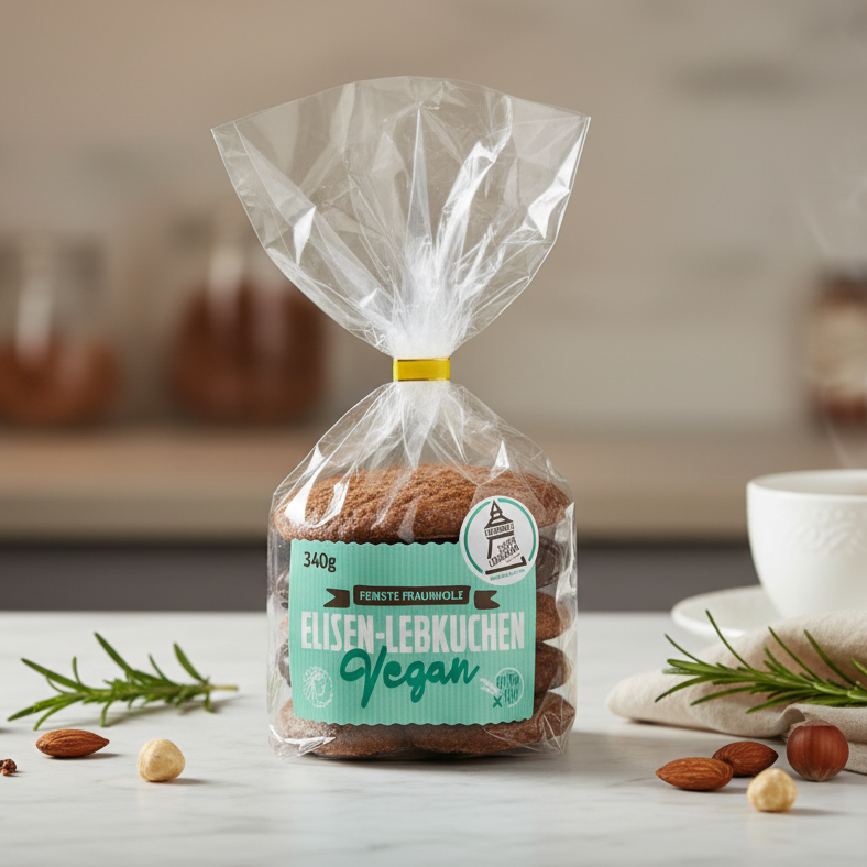 Fraunholz vegan assorted Elisen-Lebkuchen 340 g bag displayed with nuts