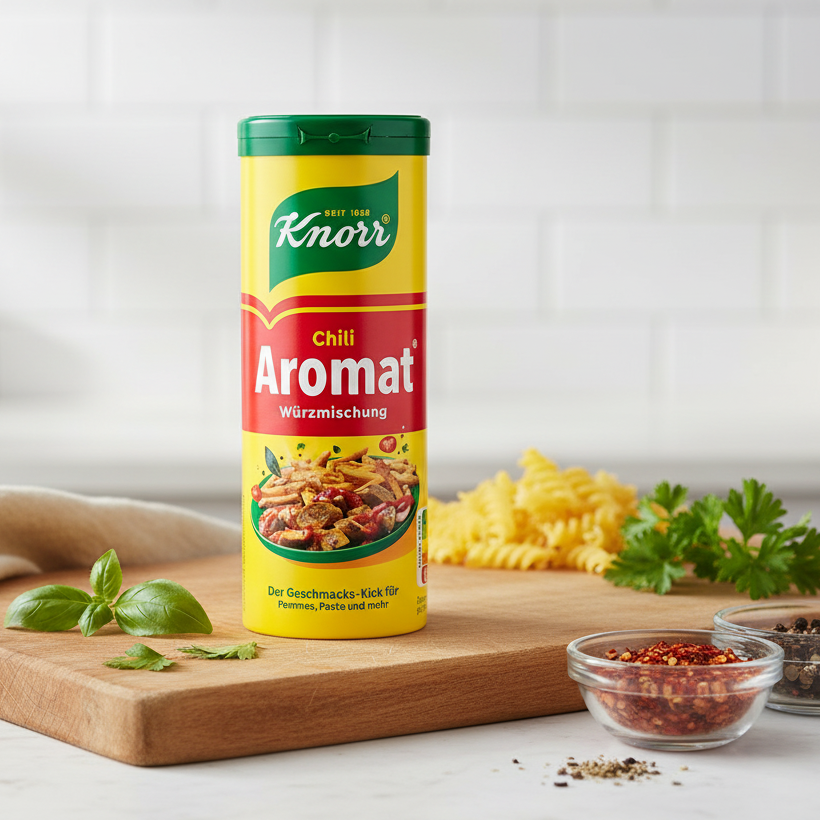 Knorr Chili Aromat seasoning shaker with pasta and chili flakes in a kitchen scene