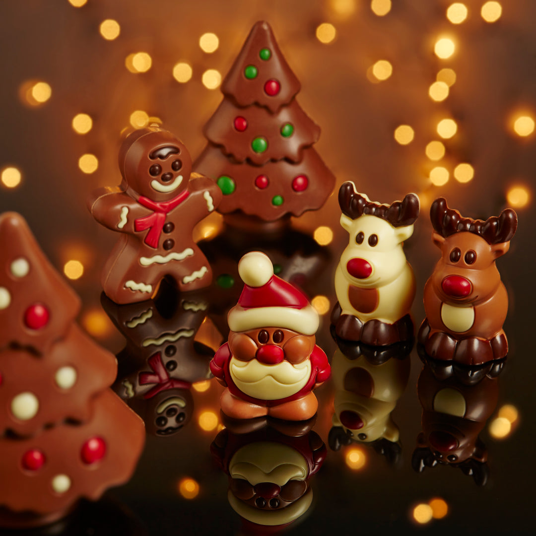 Ickx hollow Christmas chocolate figures shaped like Santa, reindeer, a gingerbread man and a tree