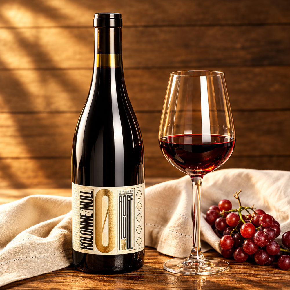 Wine bottle with a glass of red wine and grapes on a wooden surface