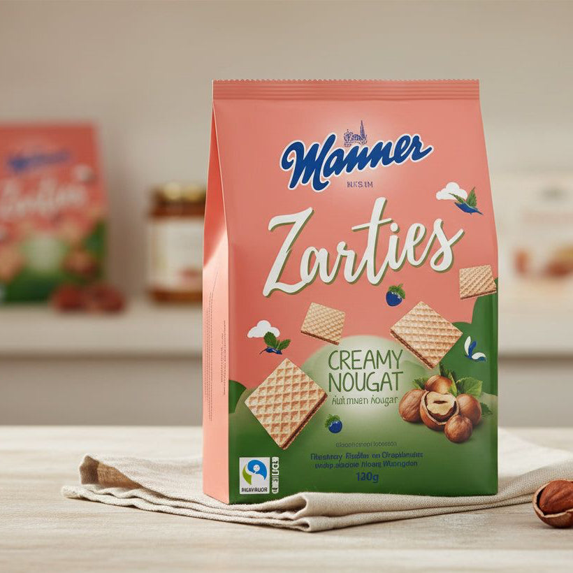Manner Zarties Creamy Nougat wafers, 200 g box with wafers and hazelnuts