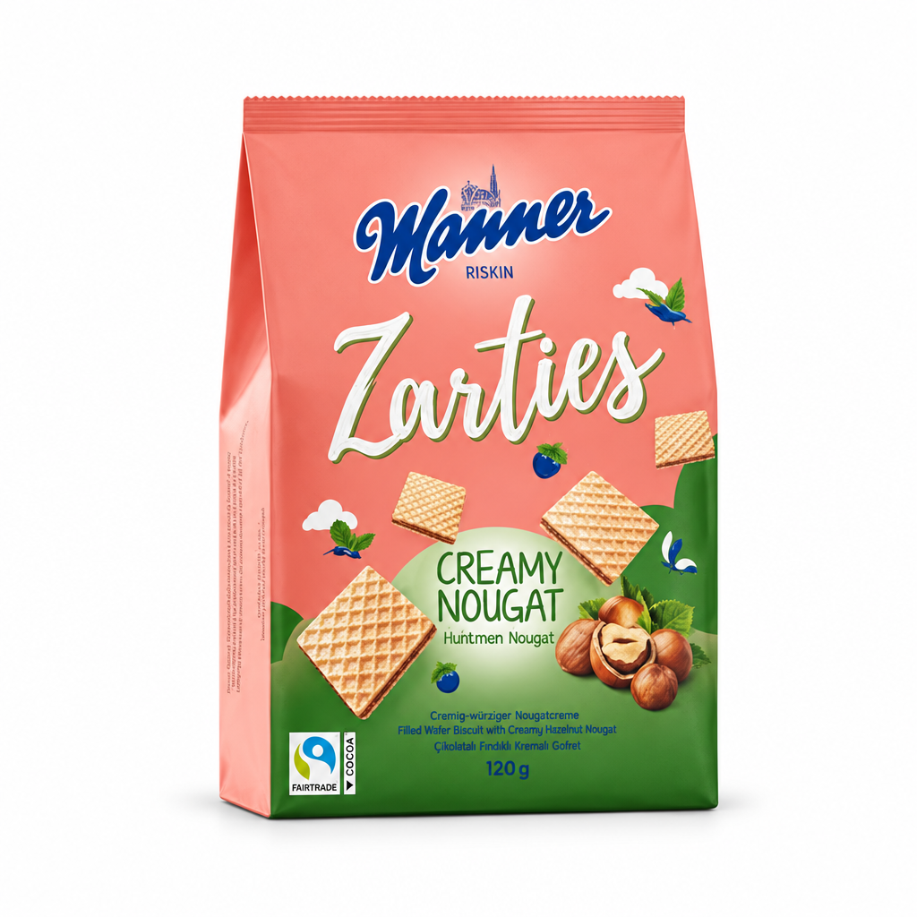 Manner Zarties Creamy Nougat wafers bag centered on a pure white background