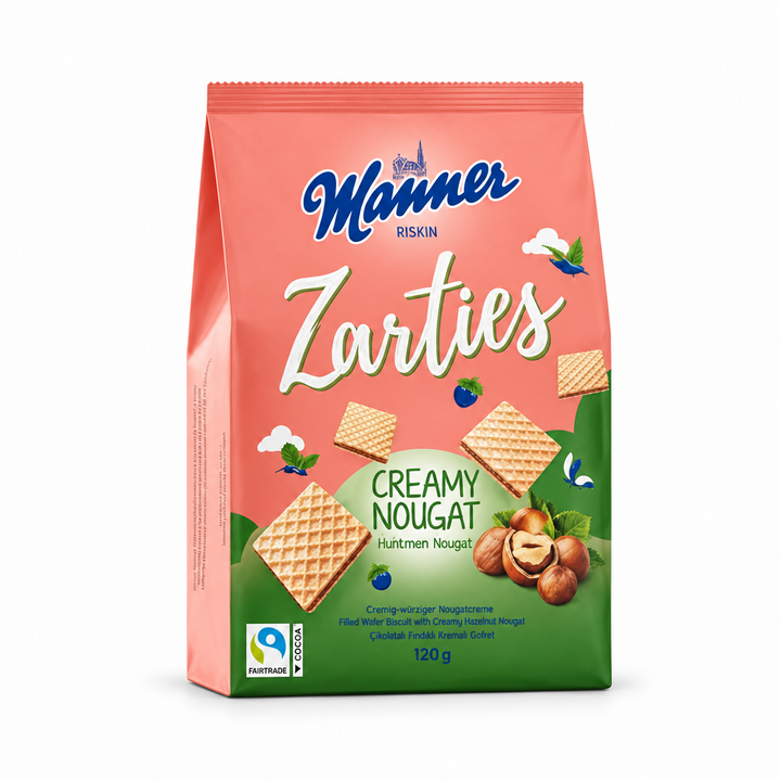 Manner Zarties Creamy Nougat wafers bag centered on a pure white background