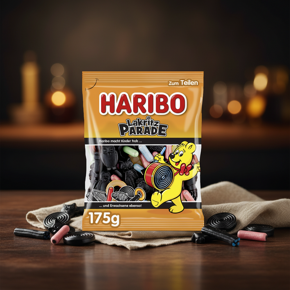 Haribo Lakritz Parade assorted licorice, 175 g bag with loose candy on a table