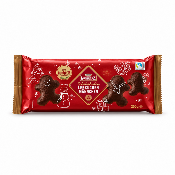 Lambertz chocolate coated gingerbread men 200 g package on a white background