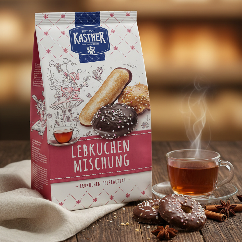 Kastner Fine Gingerbread Mix, 300 g package beside tea and chocolate-coated gingerbread