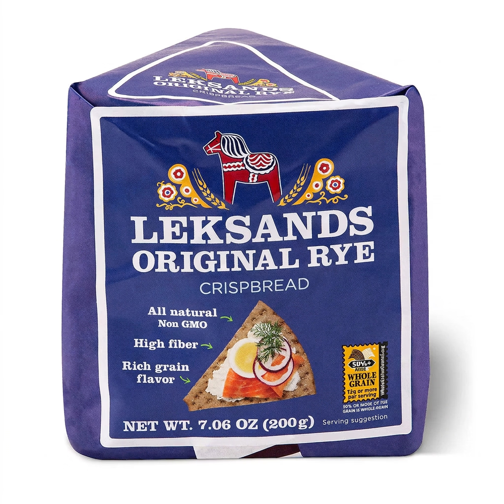 Packaged crispbread with Leksands Original Rye branding on a white background