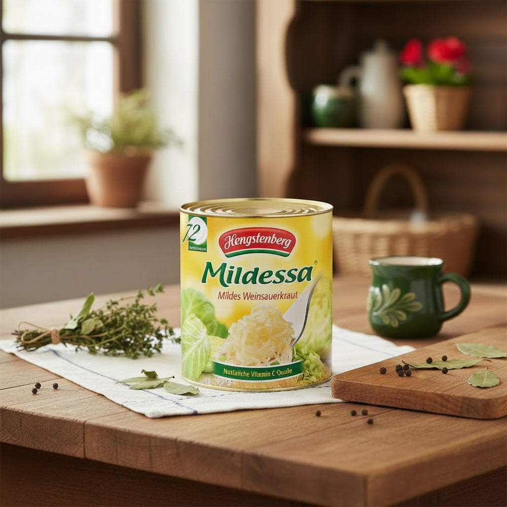 Hengstenberg Mildessa mild wine sauerkraut can on a kitchen table
