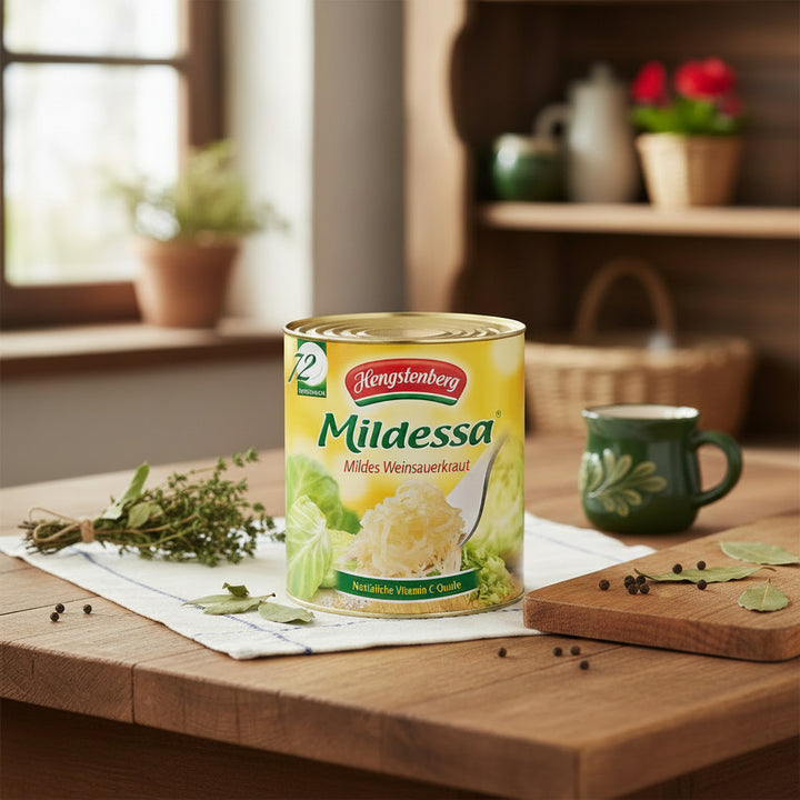 Hengstenberg Mildessa mild wine sauerkraut can on a kitchen table