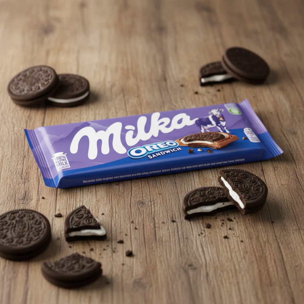 Milka Oreo Sandwich chocolate bar packaging on a white background