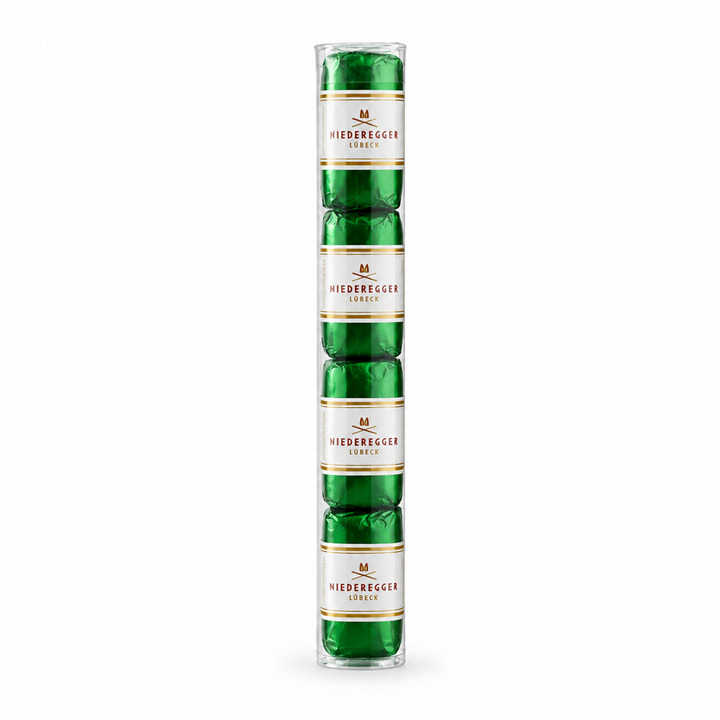 Niederegger Classics dark chocolate pistachio marzipan pralines on white background