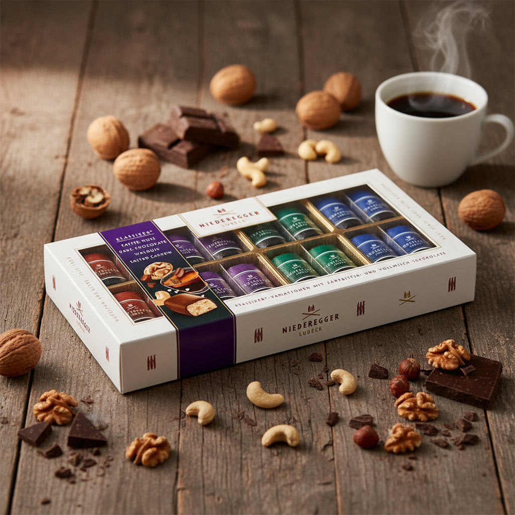 Niederegger chocolate assortment packaging with various flavors.