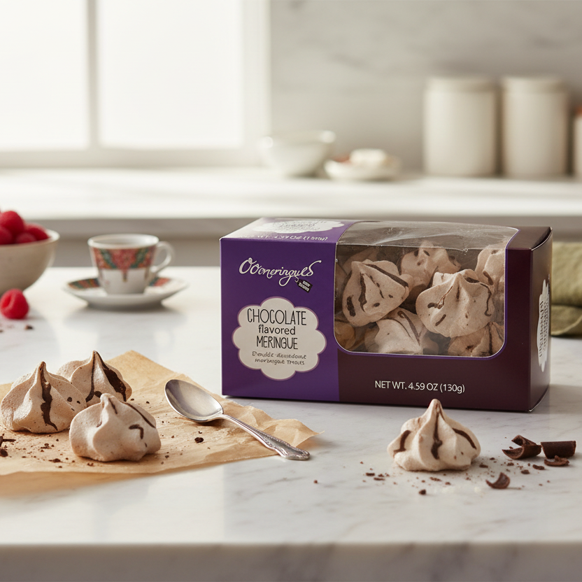 Ooomeringues chocolate flavored meringues box with meringues served on a kitchen table