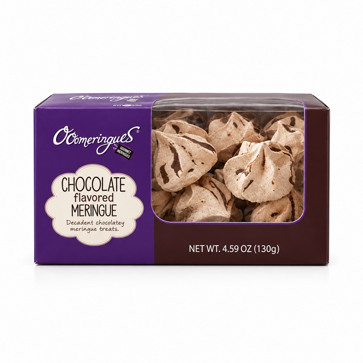 Ooomeringues chocolate flavored meringues in a 4.59 oz window box