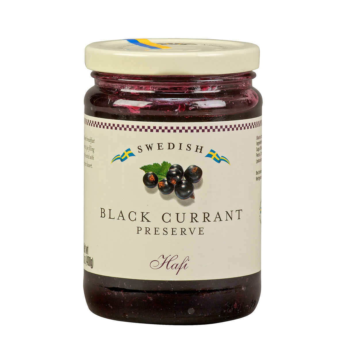Hafi Black Currant Preserves jar centered on a white background