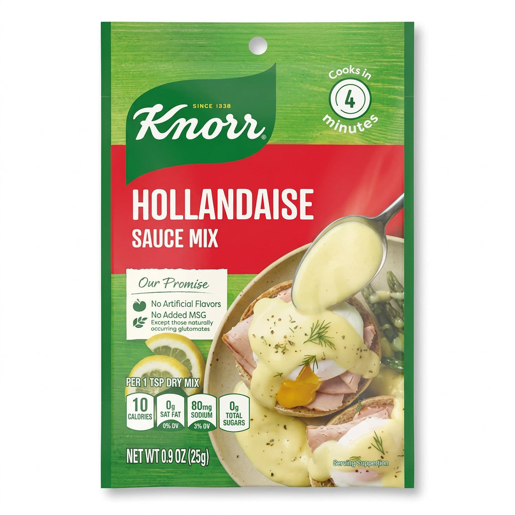 A package of Knorr Hollandaise Sauce Mix, showing the product name, an image of the prepared sauce, and the net weight of 0.9 oz (25g).