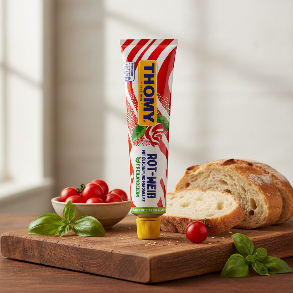 Thomy Rot-Weiss ketchup and mayonnaise 200 ml tube beside bread and tomatoes