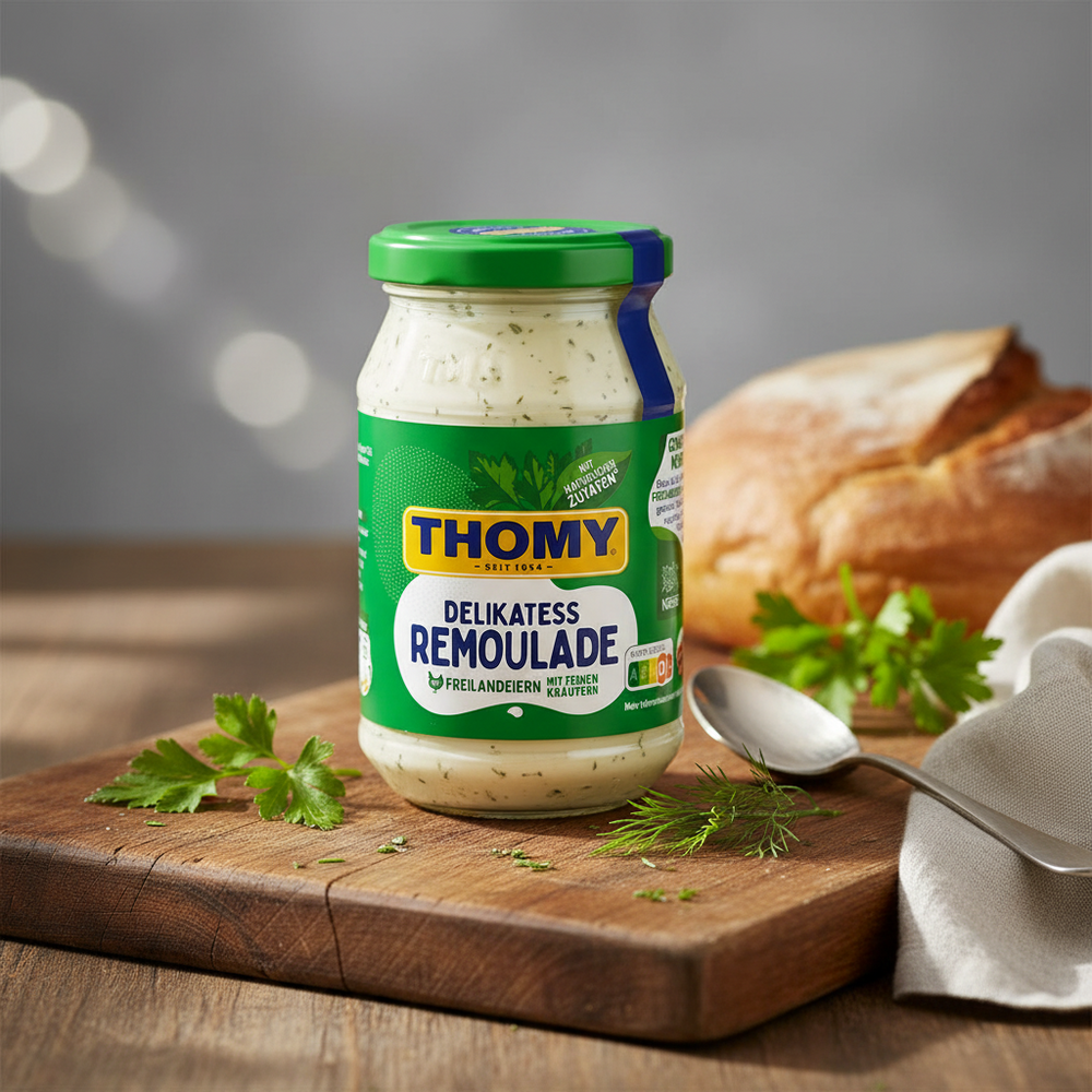 Thomy Delikatess Remoulade jar with fresh herbs and bread
