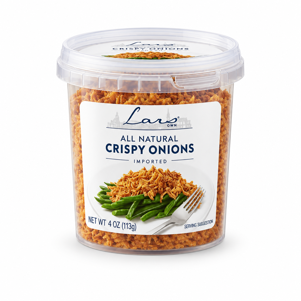 Lars Own all-natural crispy onions package on white background