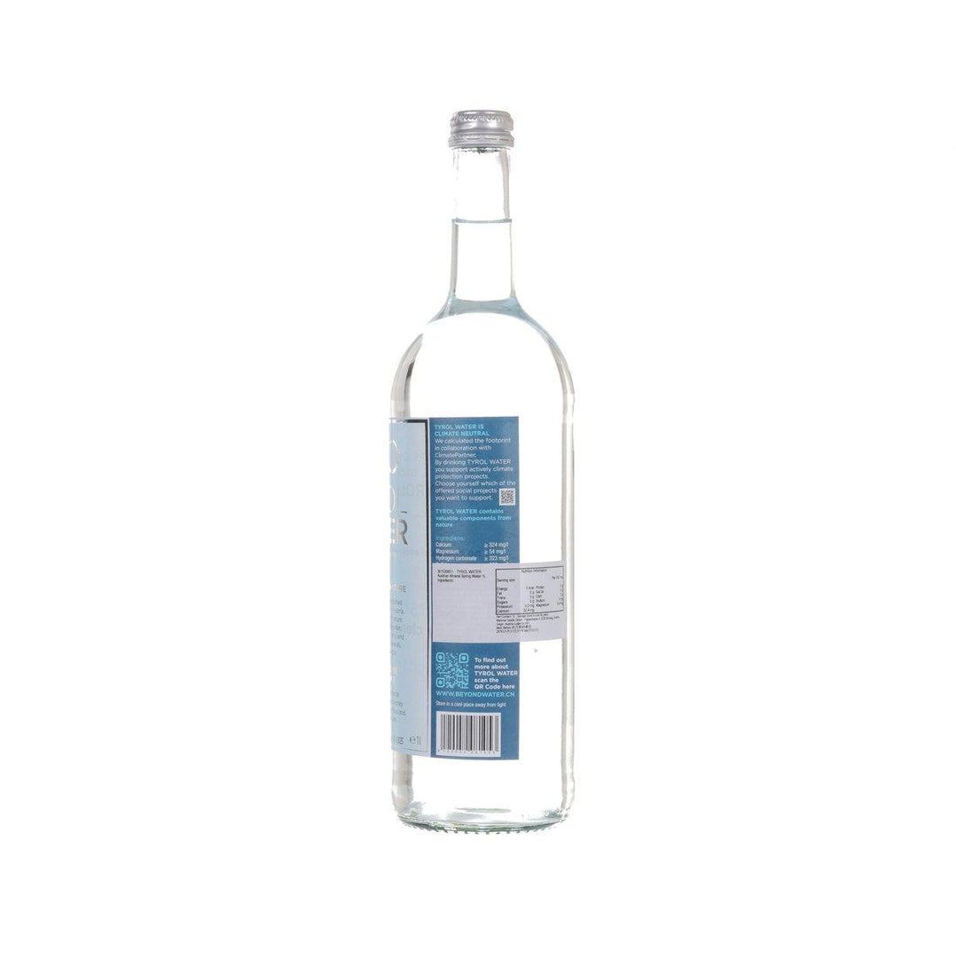 Back of Tyrol Water 750 ml glass bottle showing label and barcode