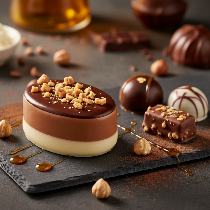 Ickx Cognac Caramel praline with a pale base and chopped nut topping on a slate board