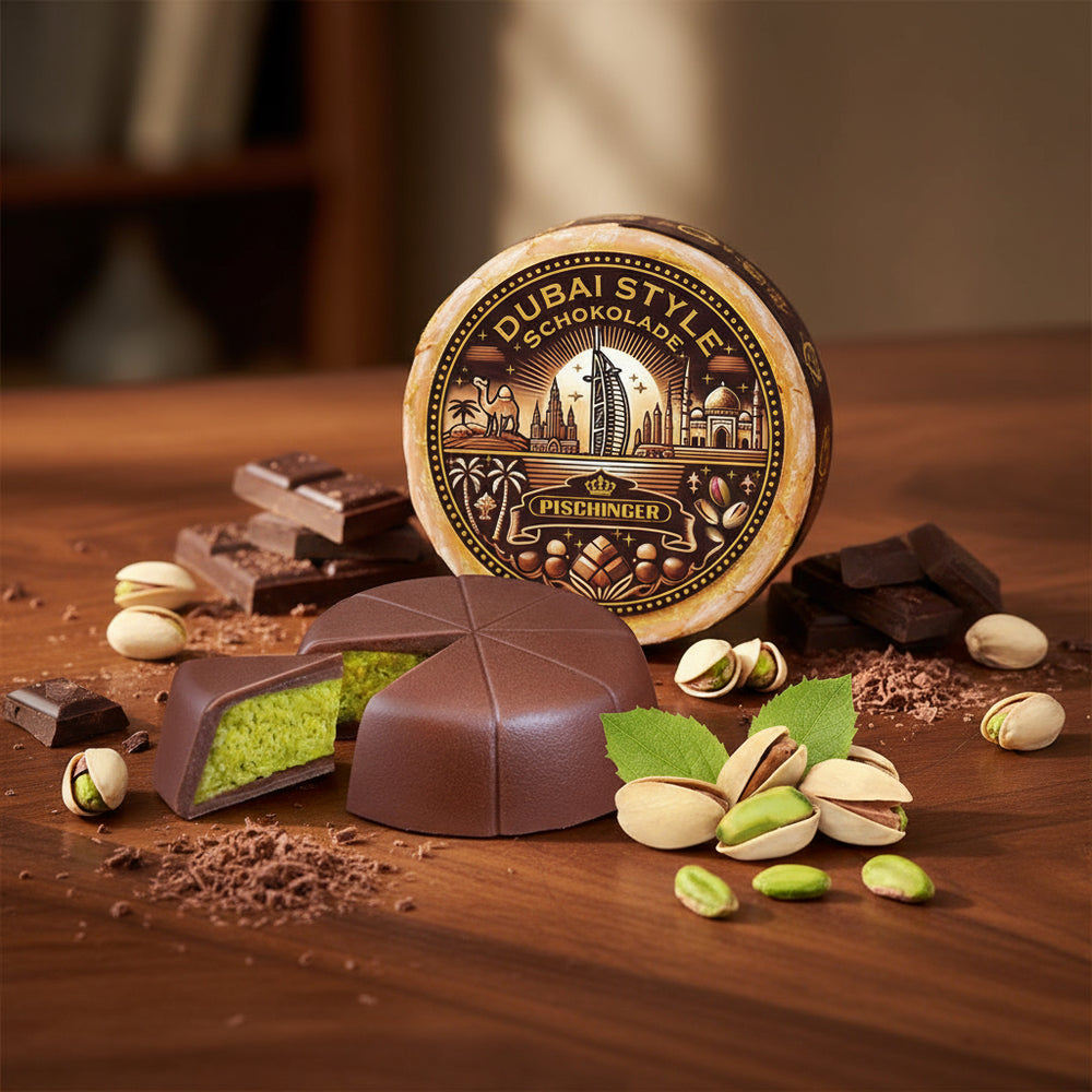 Pischinger Dubai Style Chocolate package with cut-open pistachio-filled pieces