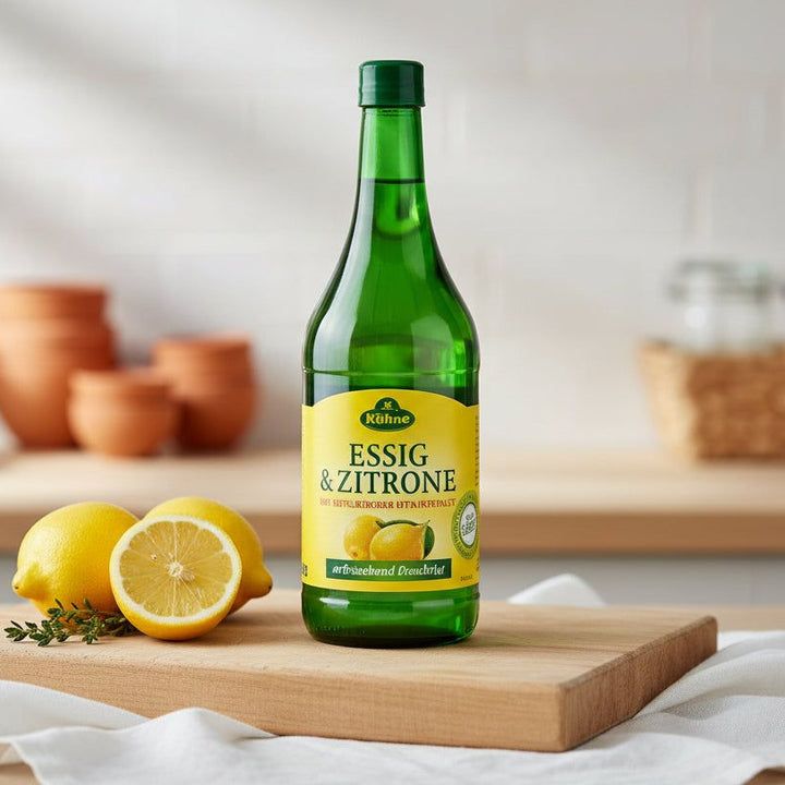 Kühne Essig & Zitrone vinegar bottle with fresh lemons on a kitchen counter