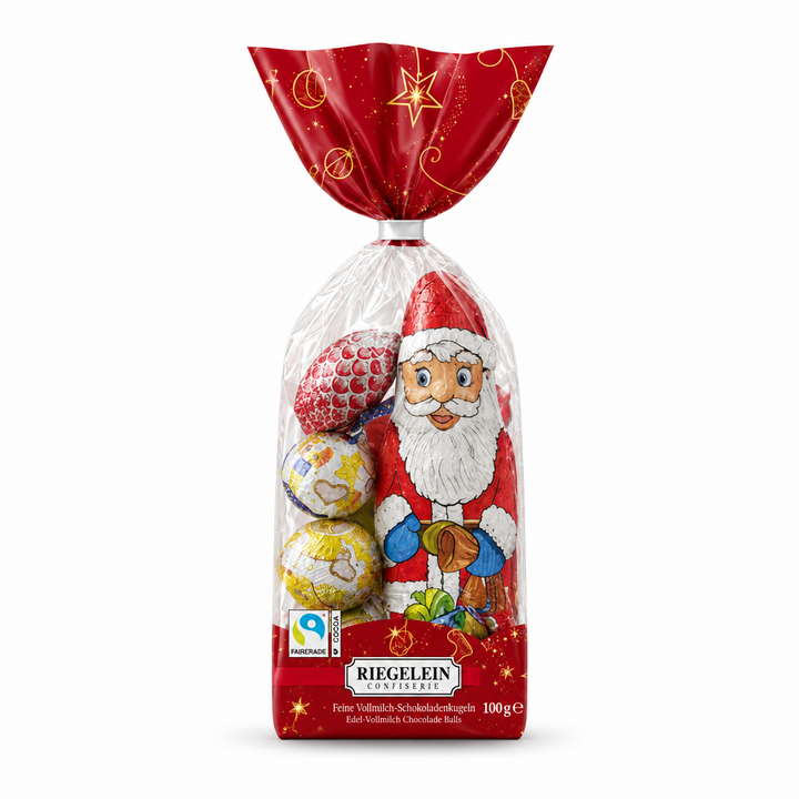 Riegelein assorted milk chocolate Christmas figures 100 g holiday bag on a white background