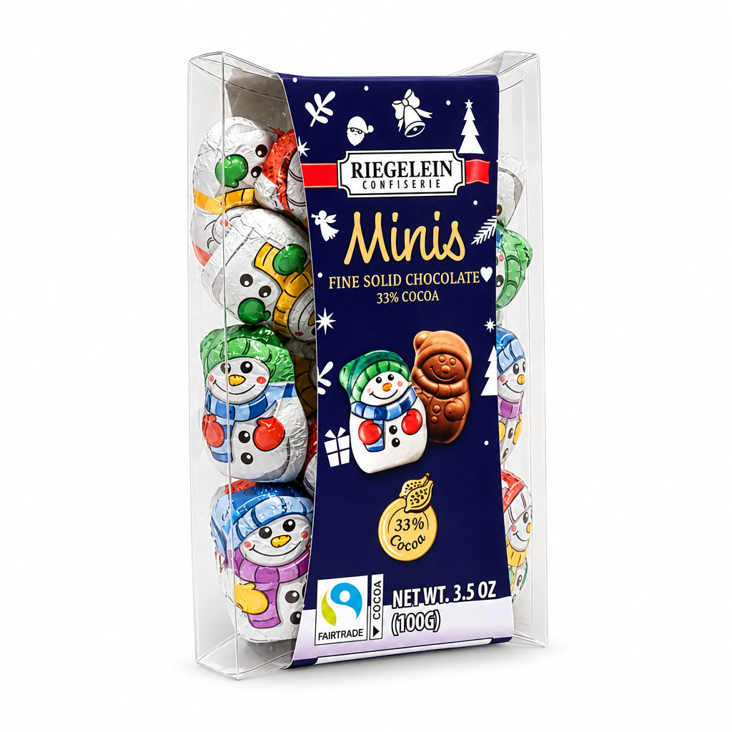 Riegelein Mini Solid Snowmen chocolates on a white background