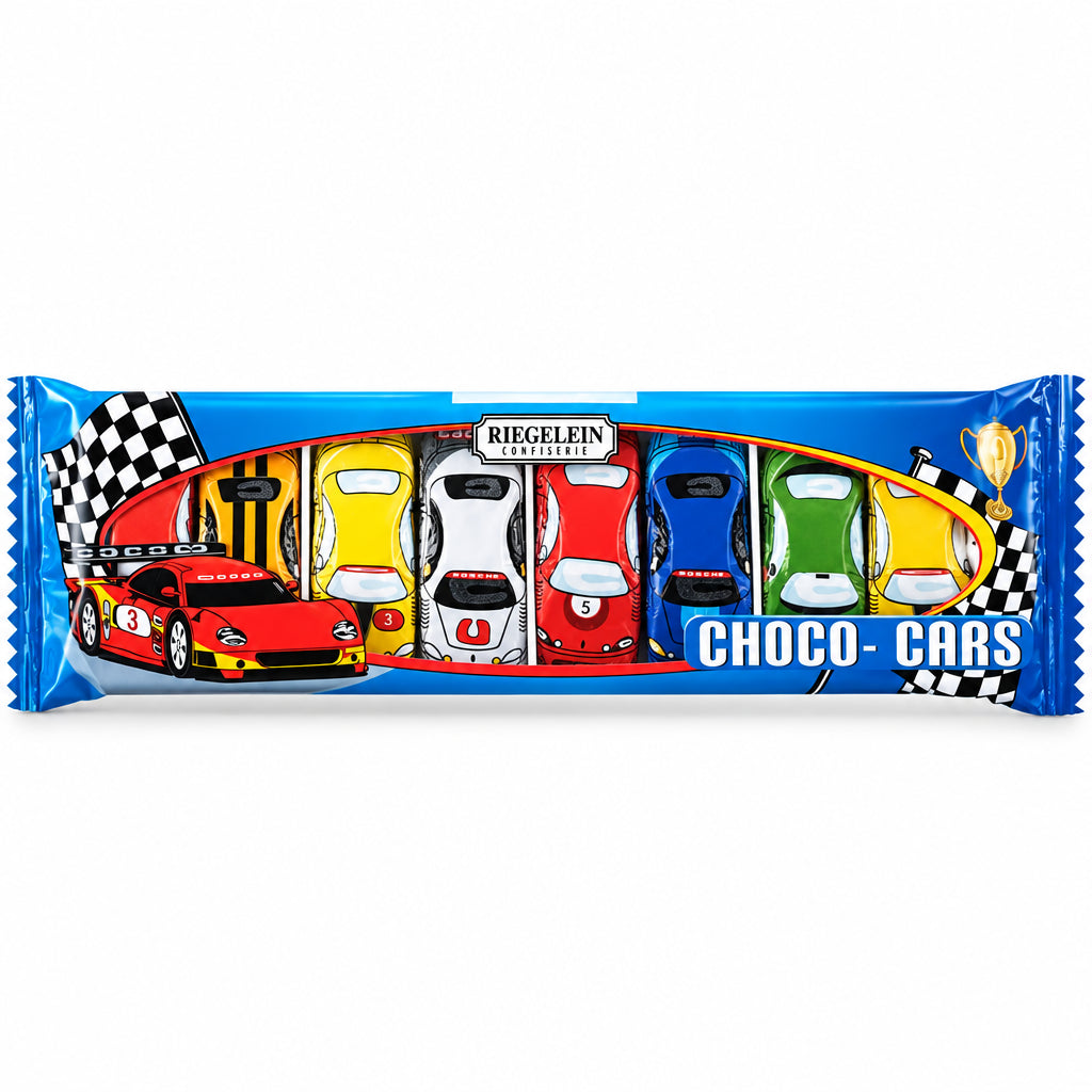 Riegelein Solid Chocolate Cars package on a white background