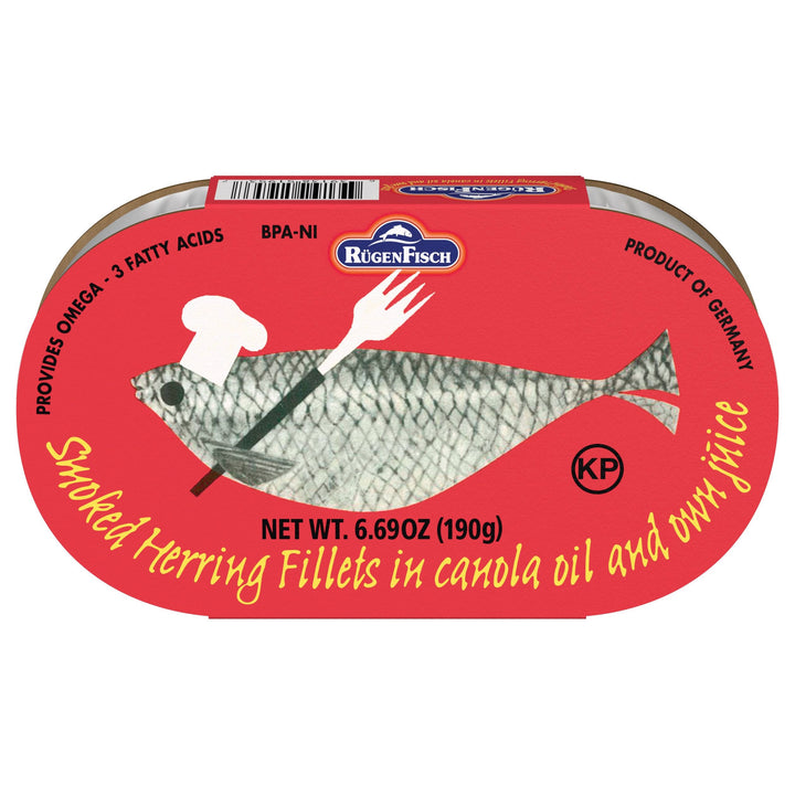 RügenFisch smoked herring fillets in canola oil, 190 g tin