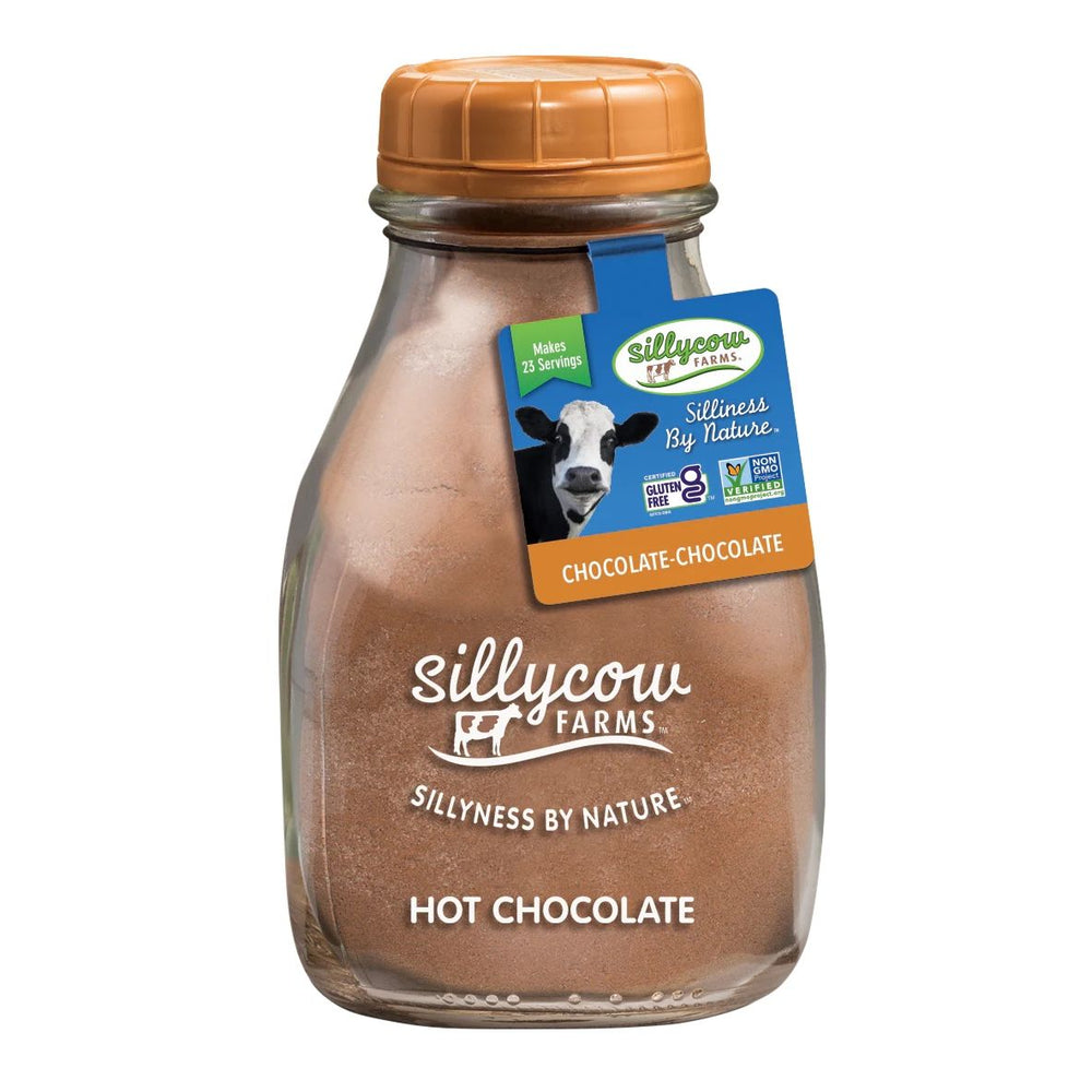 Sillycow Farms Chocolate Chocolate Hot Chocolate mix in a glass milk bottle