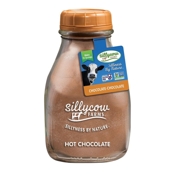 Sillycow Farms Chocolate Chocolate Hot Chocolate mix in a glass milk bottle