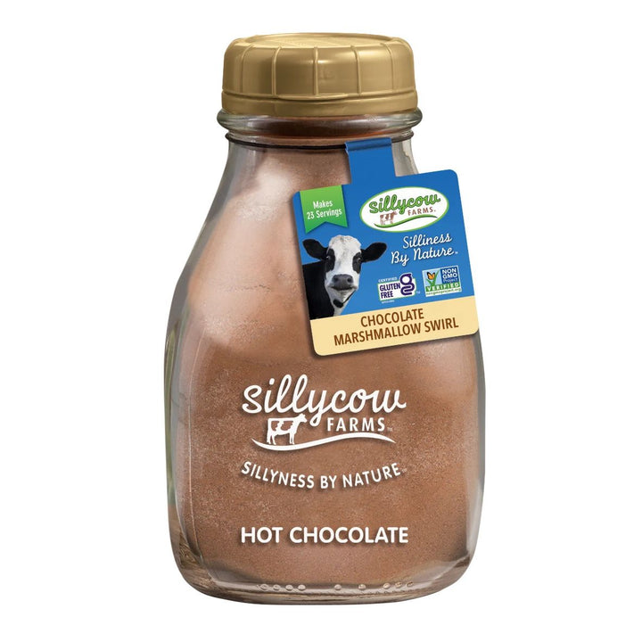Sillycow Farms Marshmallow Swirl Hot Chocolate mix in a glass milk bottle