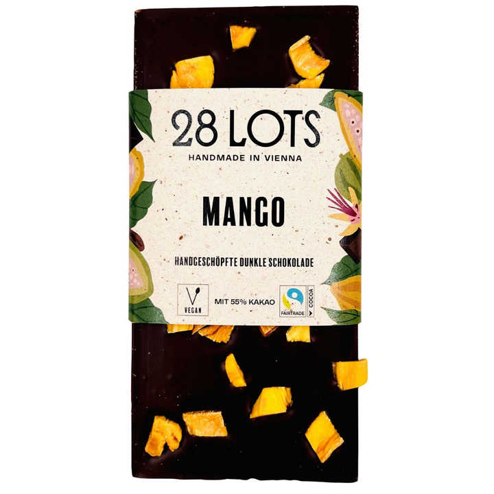 28 Lots dark chocolate mango bar with mango pieces, front view