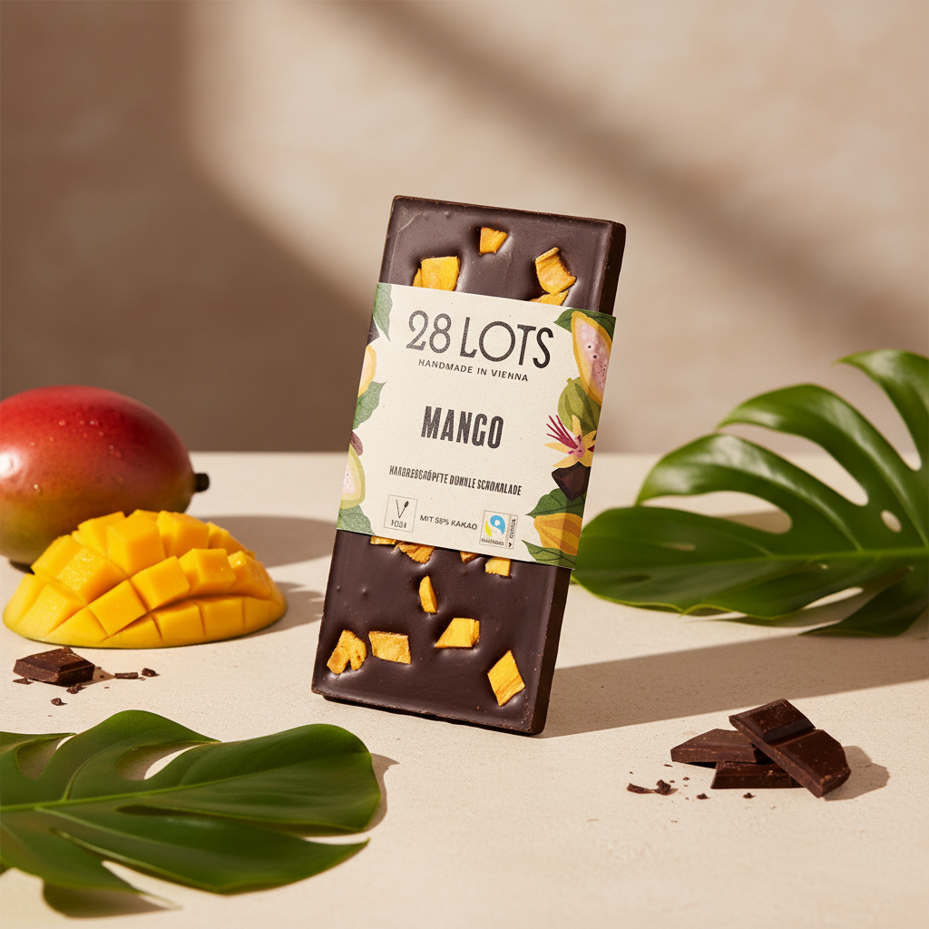 28 Lots dark chocolate mango bar displayed with fresh mango