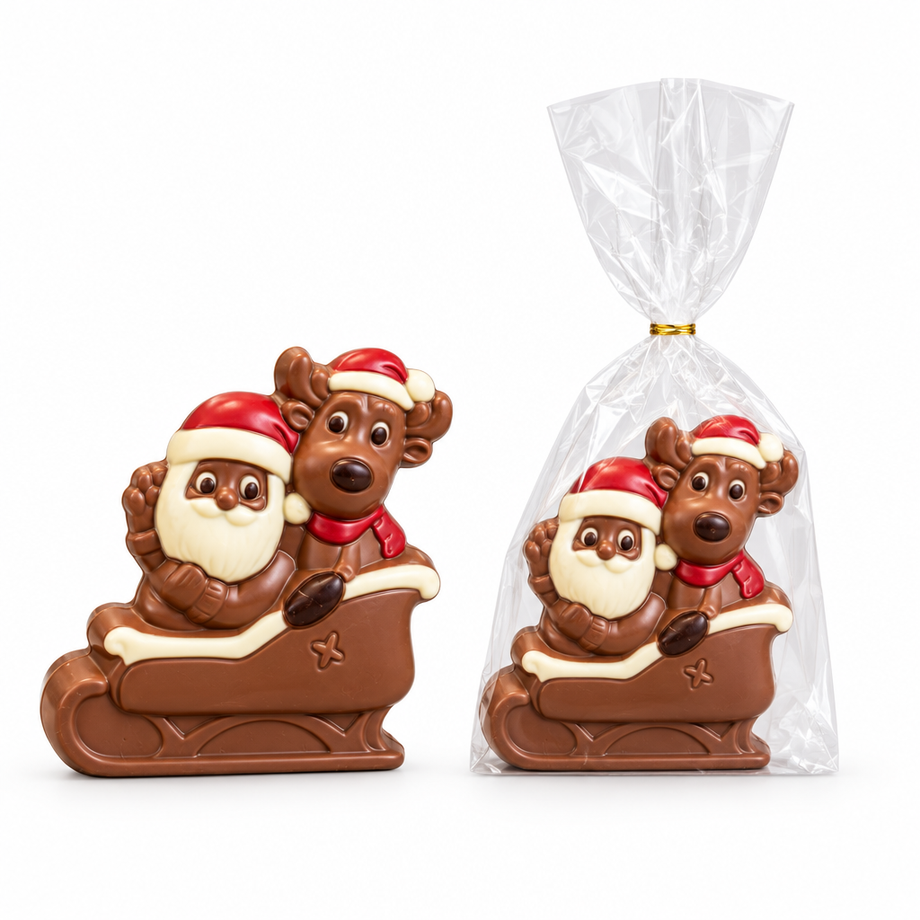 Ickx hollow milk chocolate Santa and reindeer sleigh, 110 g, bagged and unbagged on white