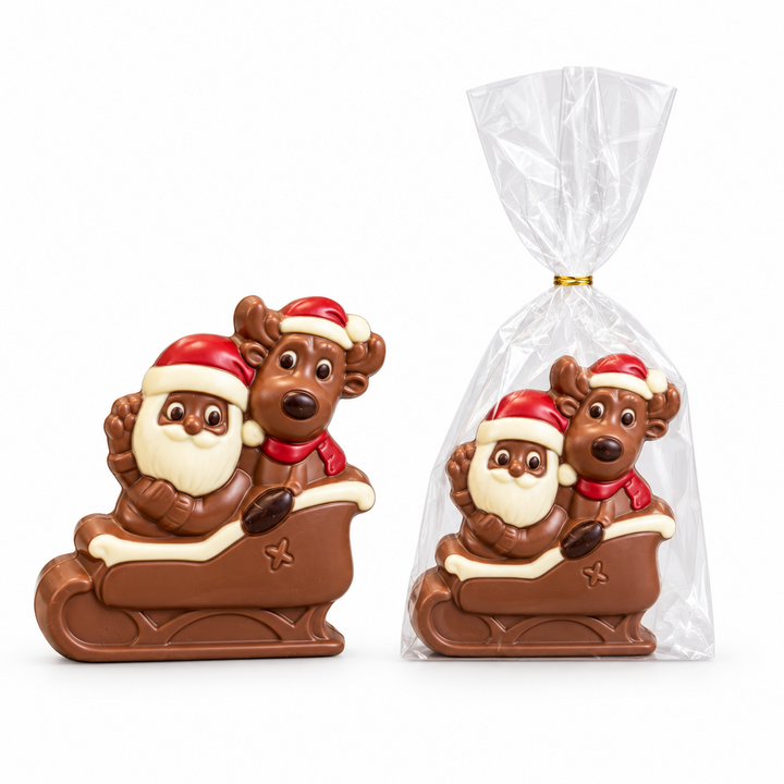 Ickx hollow milk chocolate Santa and reindeer sleigh, 110 g, bagged and unbagged on white