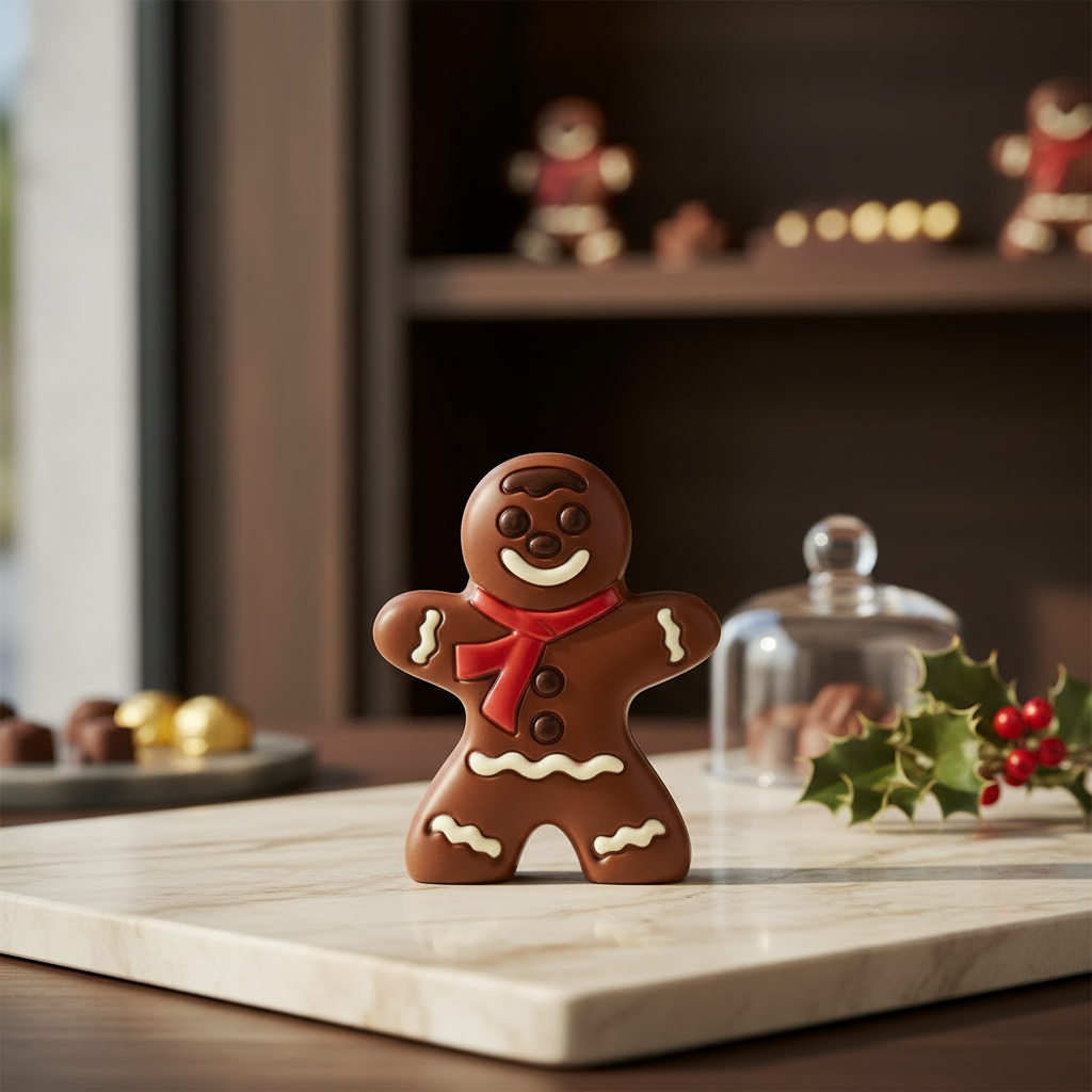 Ickx hollow milk chocolate gingerbread man displayed on a holiday counter