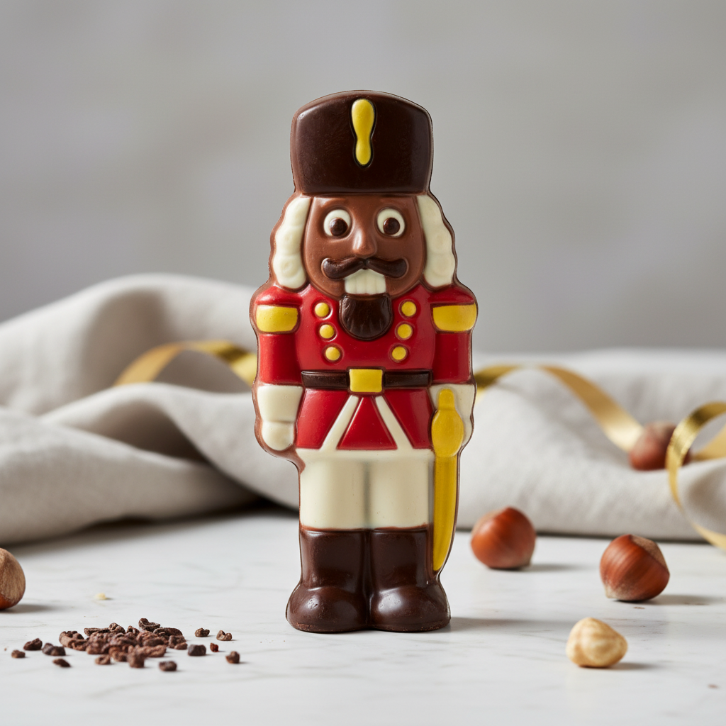 Ickx hollow milk chocolate nutcracker displayed with hazelnuts