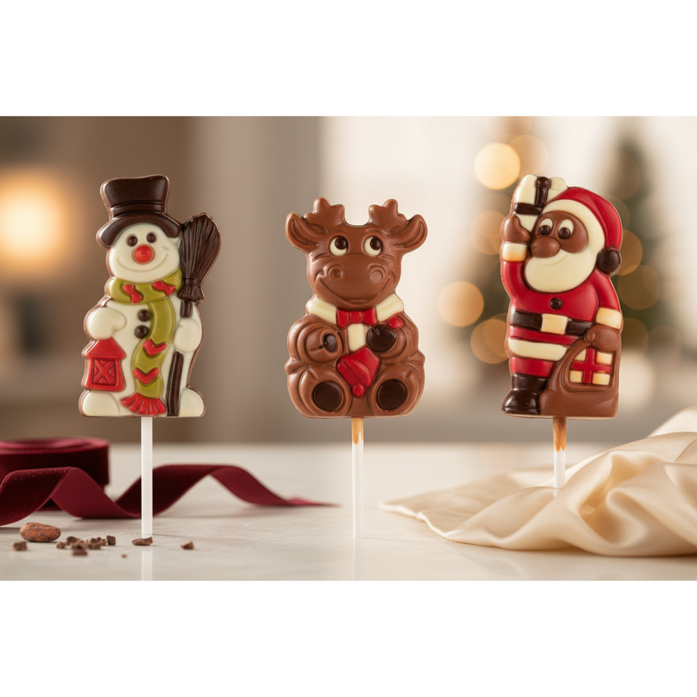 Ickx snowman, reindeer and Santa chocolate lollipops displayed with festive ribbon