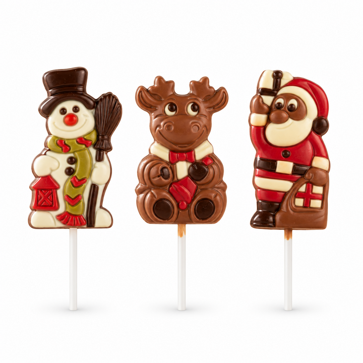 Ickx snowman, reindeer and Santa chocolate lollipops on a white background