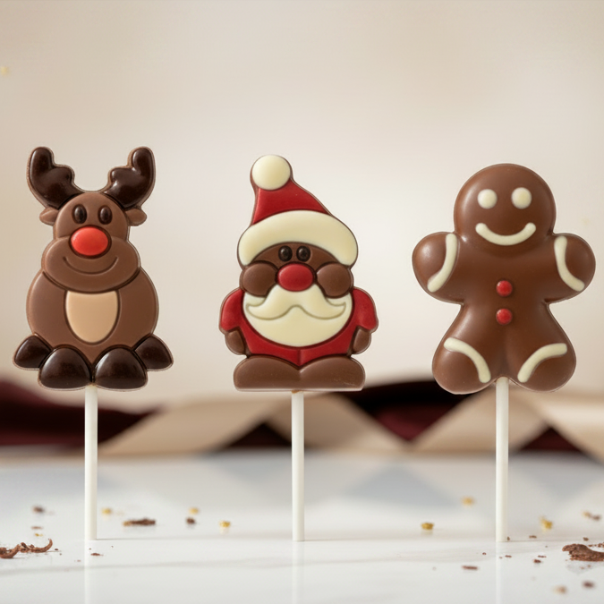 Three chocolate figures on sticks shaped like a reindeer, Santa Claus, and a gingerbread man against a neutral background.