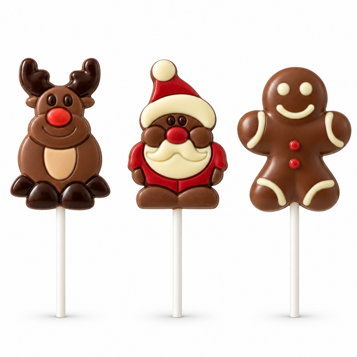 Ickx reindeer, Santa and gingerbread man chocolate lollipops on a white background