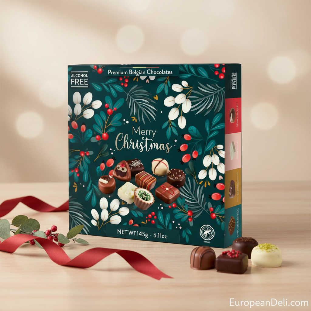 Ickx Merry Christmas Pralines gift box displayed with ribbon and chocolates