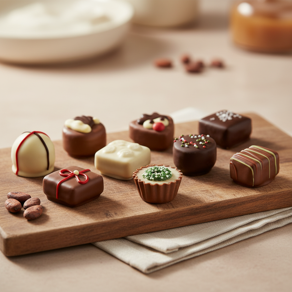 Ickx assorted decorated Christmas pralines on a wooden serving board