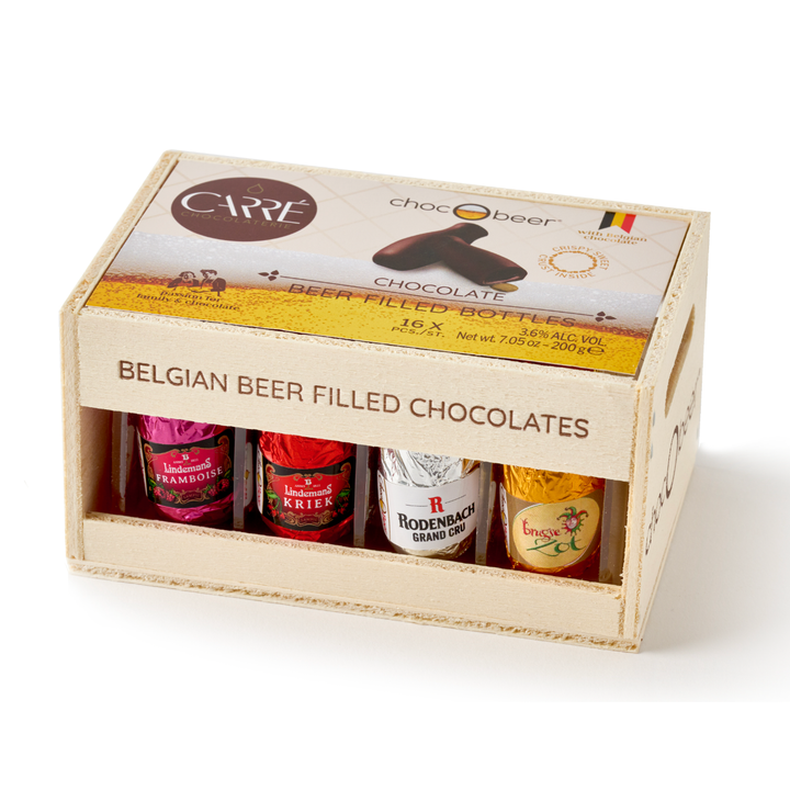 Carré ChocOBeer 200 g wooden crate with assorted beer-filled bottle-shaped chocolates