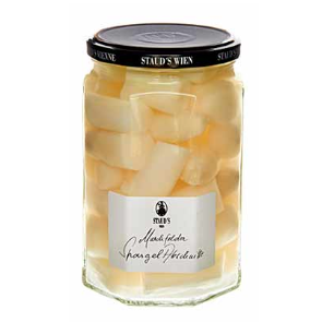 Staud's Marchfeld asparagus pieces, 560 g jar on white