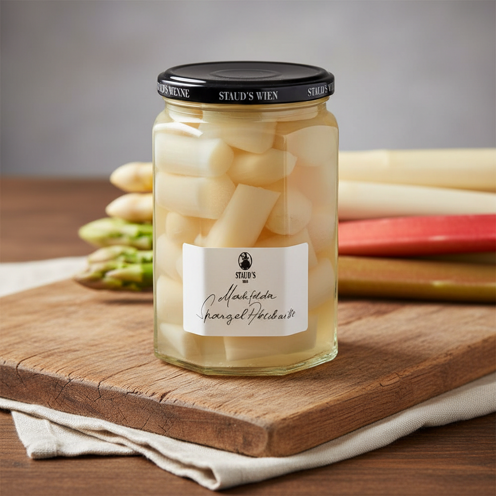 Staud's Marchfeld asparagus pieces jar displayed with fresh vegetables