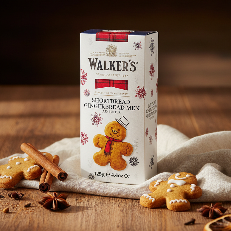 Box of Walker's Shortbread Gingerbread Men on a wooden surface with gingerbread cookies and spices.